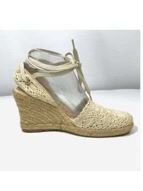 90s Y2K Crochet Lace Up Wedge Espadrille Sandals Cream 7.5, Arizona